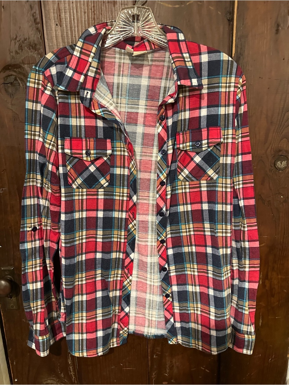 Like NEW! Red 8 Plaid Button-Down Casual Women's L Shirt